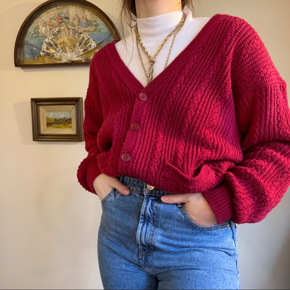 red knit cardigan